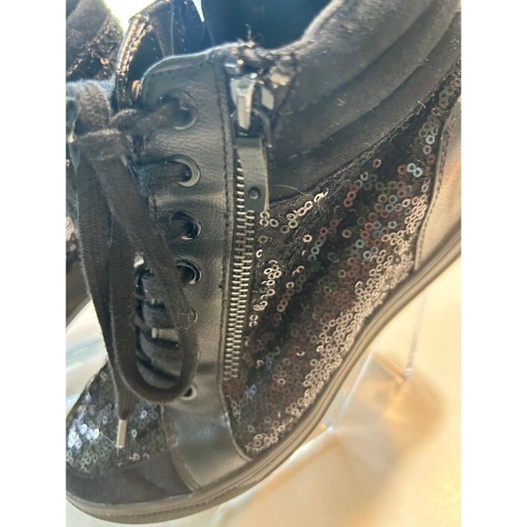 Women's Aldo Kaia Wedge Boot Size 8.5 Black Sequins Zip Side And Tie - Picture 4 of 10